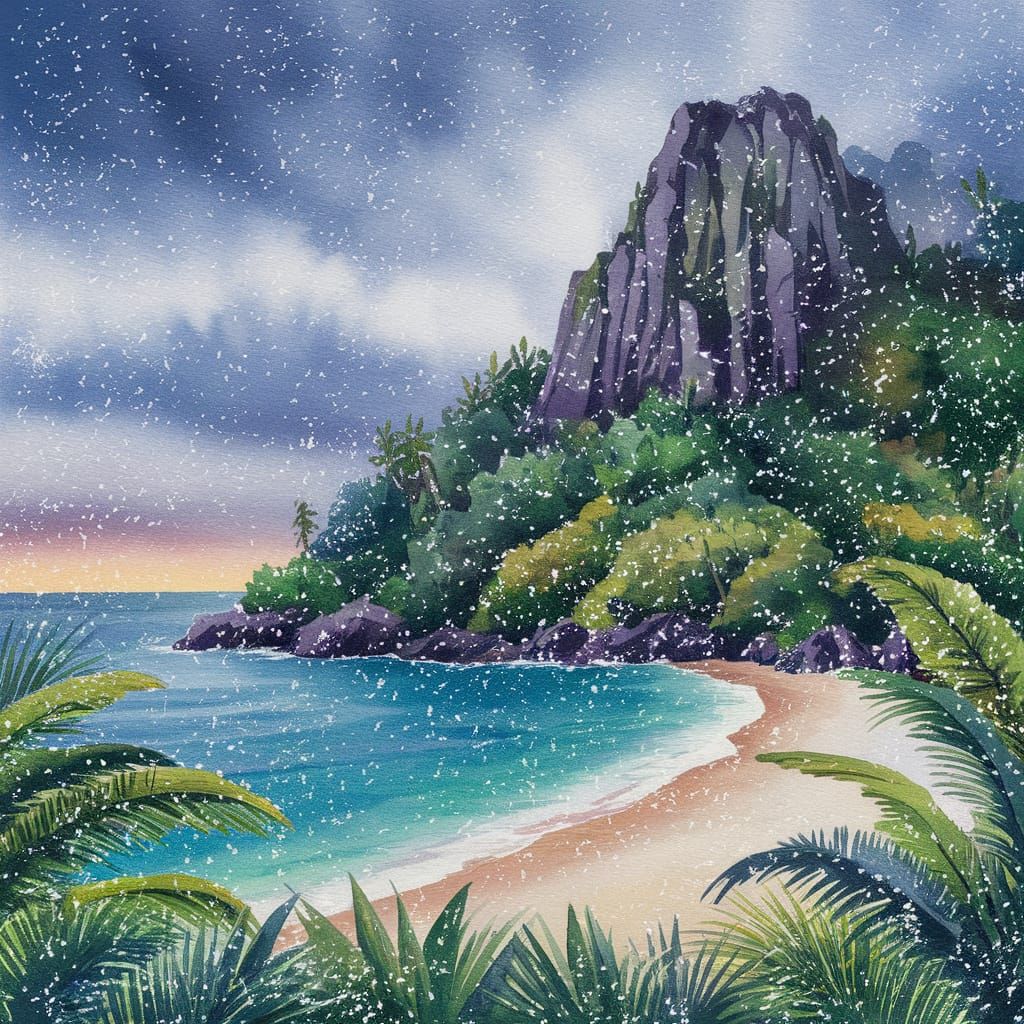 Winter Storm Transforms Tropical Beach: Watercolor Impressio...