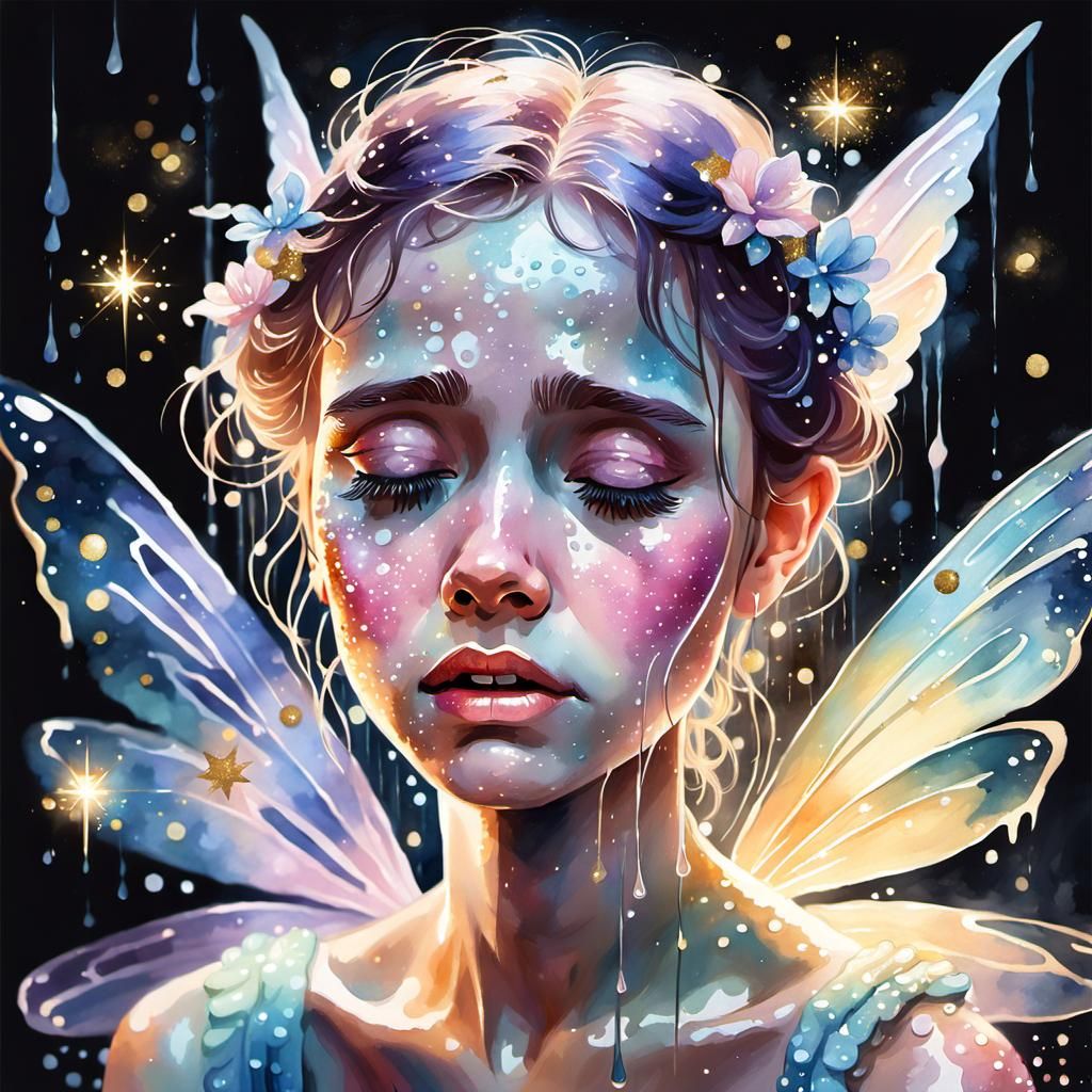 Crying Fairy at Midnight in Watercolor Style