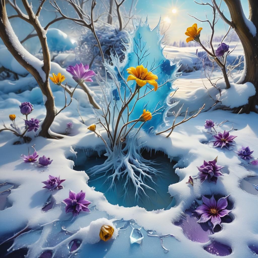 Surreal Flowers Bloom Through Winter Snow, Oil Painting