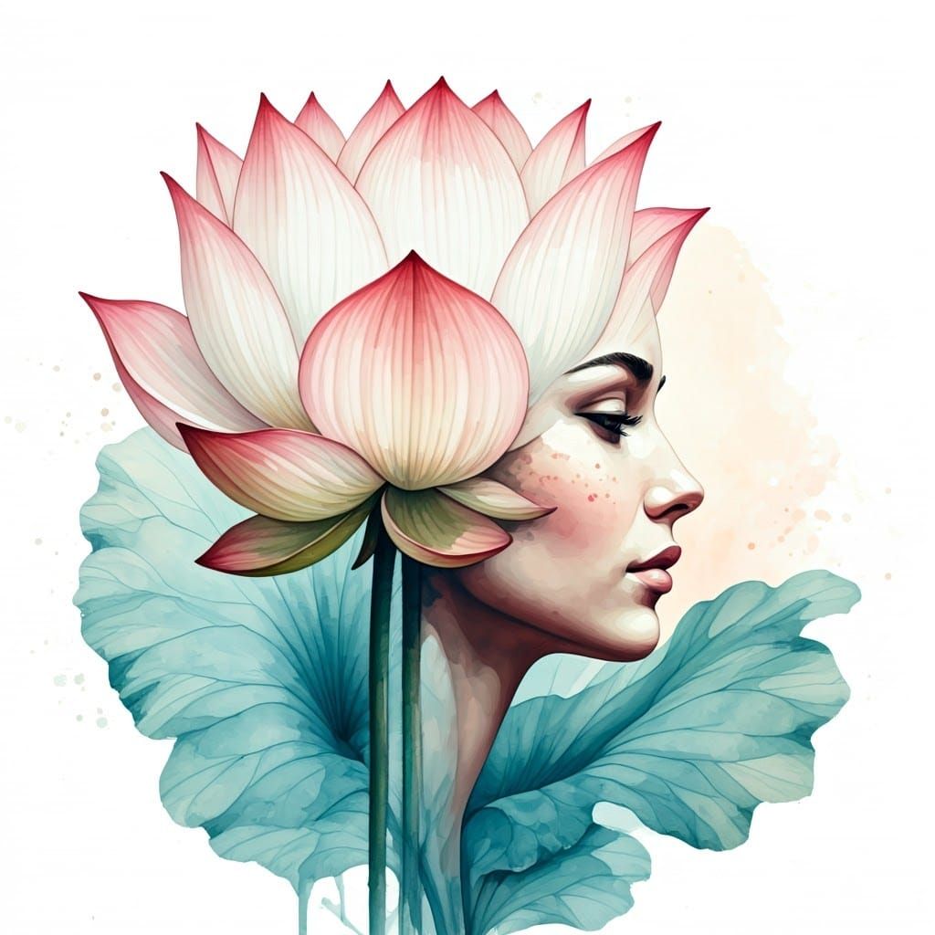 Mystical Lotus Blossom in Surreal Watercolor Portrait