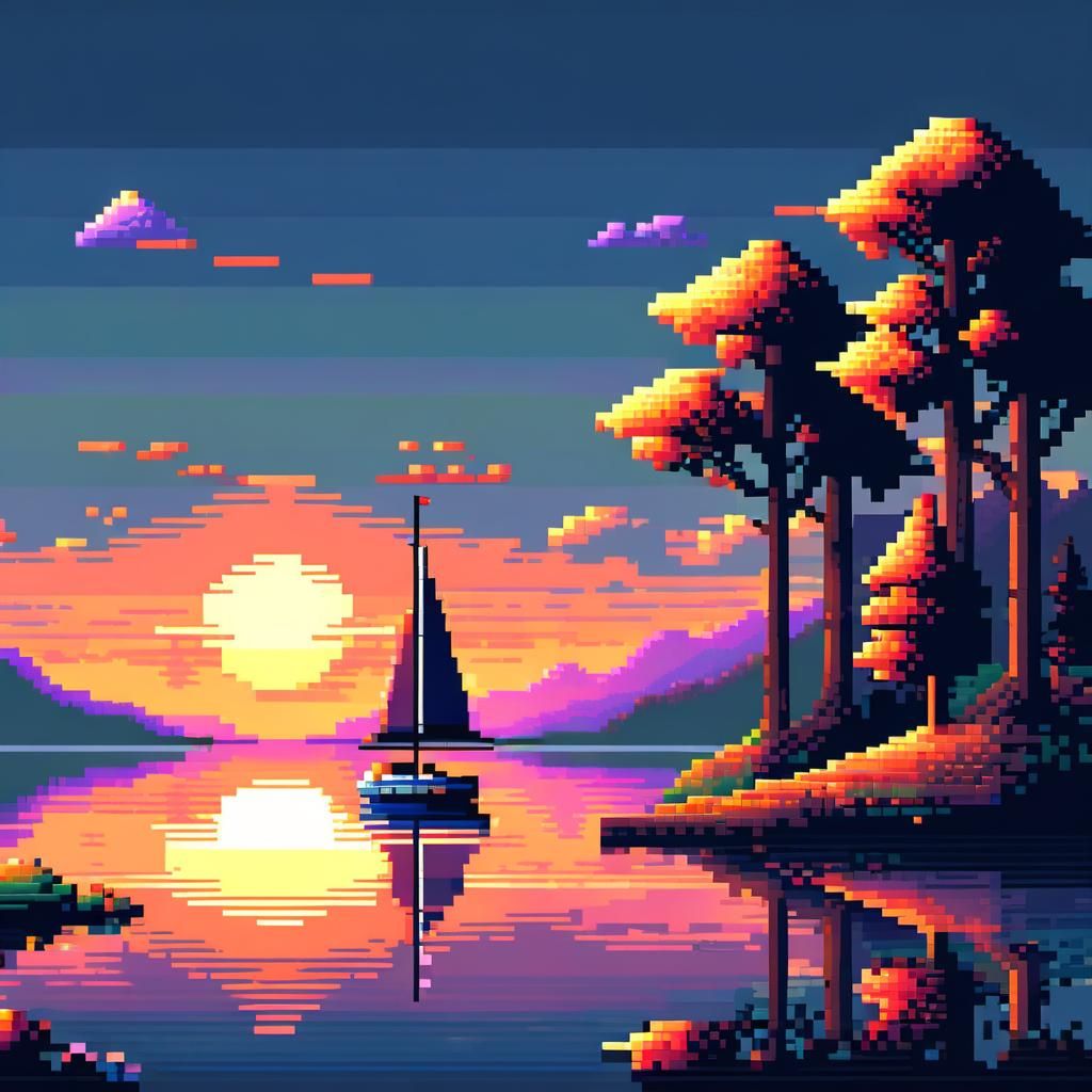 Sunset Lake Sailboat in 16-Bit Pixel Art