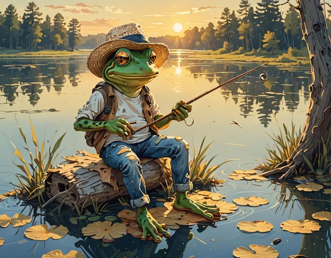 Frog Fisherman in Straw Hat: 2D Cartoon Art