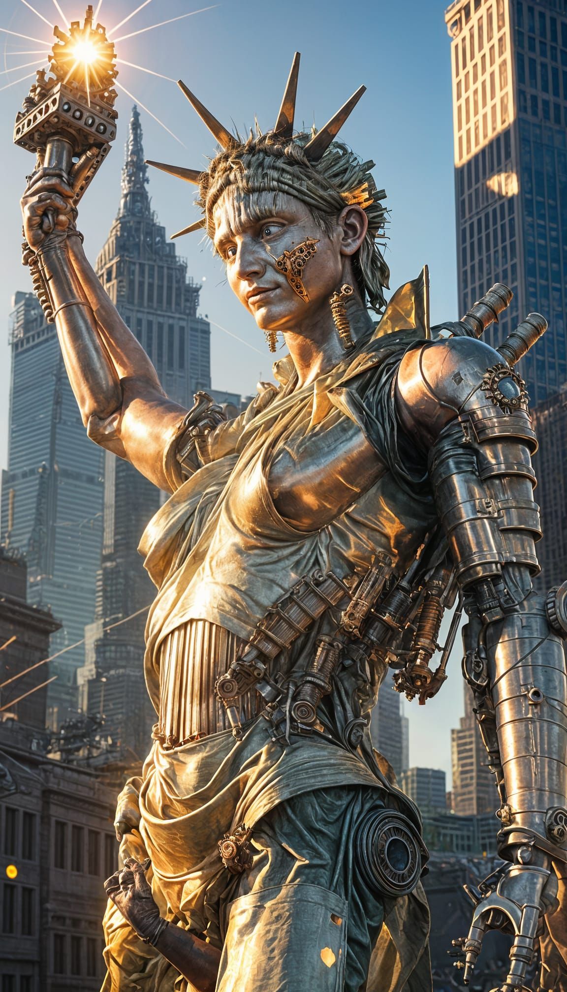 Derelict Cyborg Plays Statue of Liberty in Cyberpunk Style
