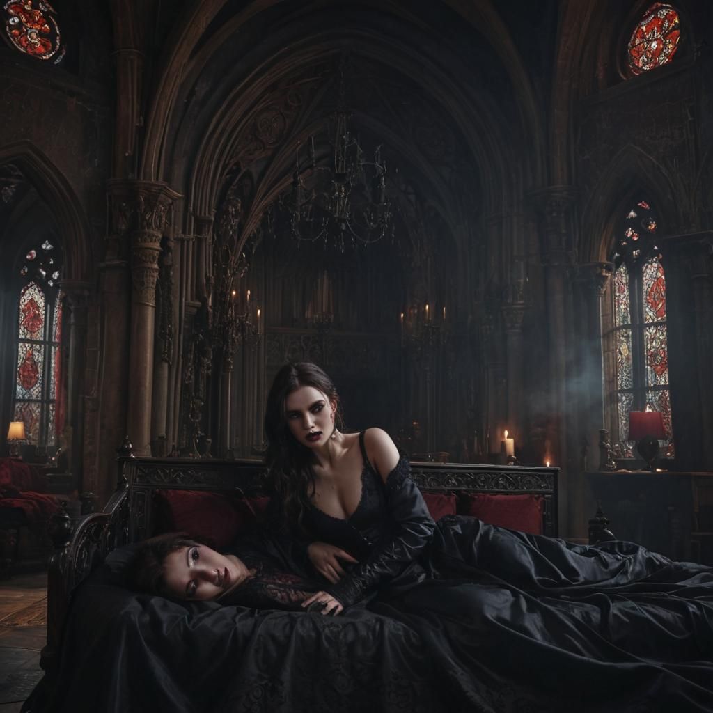 Vampire Romance in Gothic Castle, Cinematic Digital Art