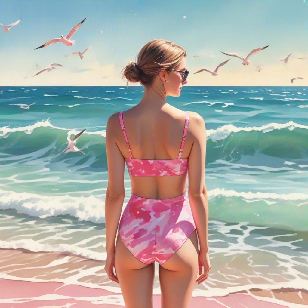 Woman in a Vibrant Pink Two-Piece Swimsuit at the Beach