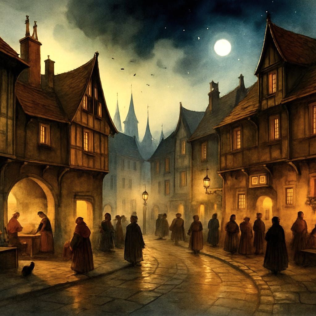 Medieval European Town Under Starry Night Sky