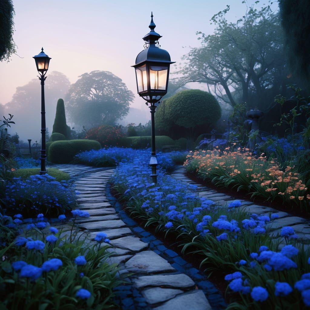 A dreamlike indigo-themed botanical garden bathed in soft tw...