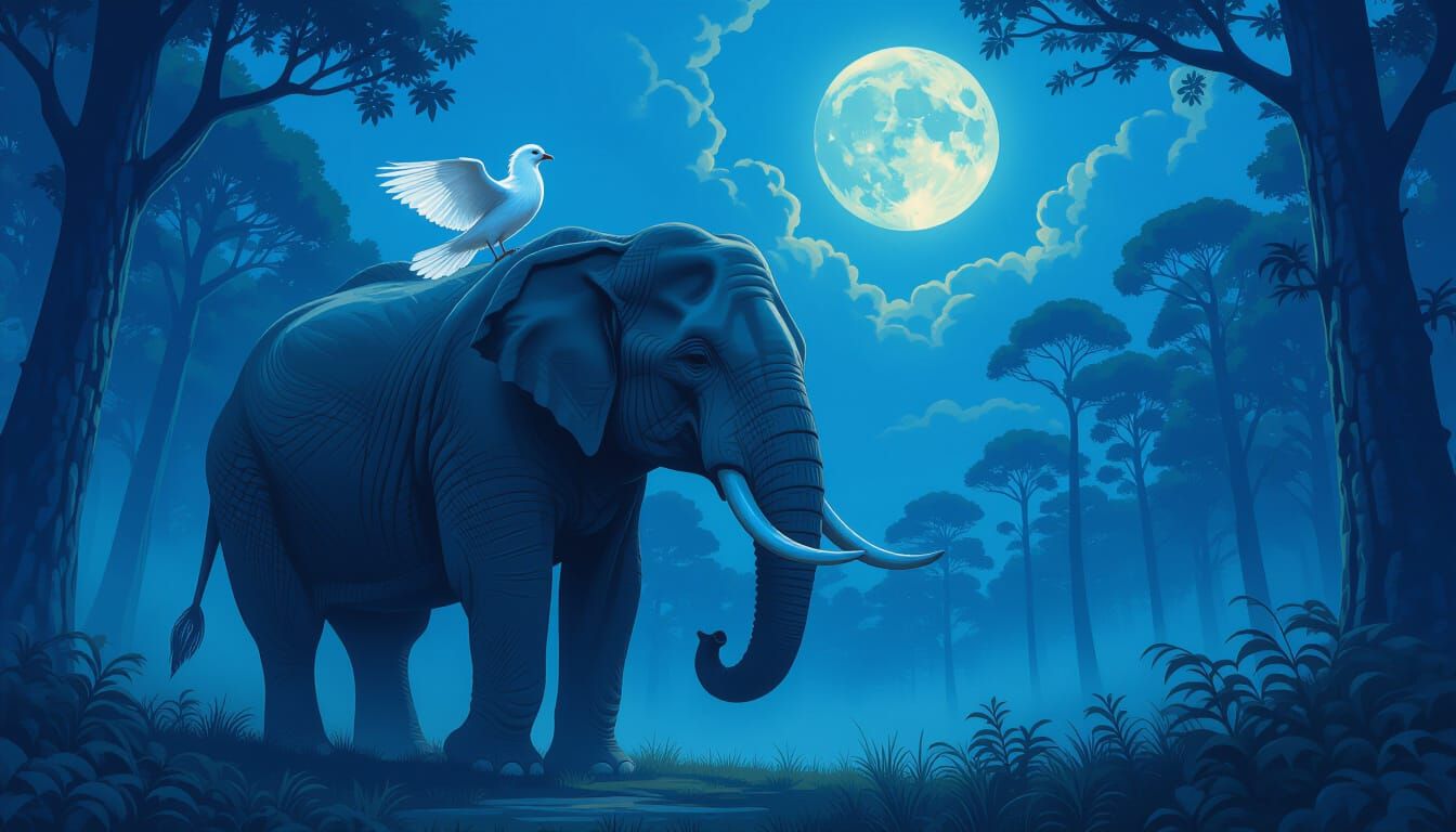 Majestic Elephant Carries Bird Through Misty Forest Under Mo...