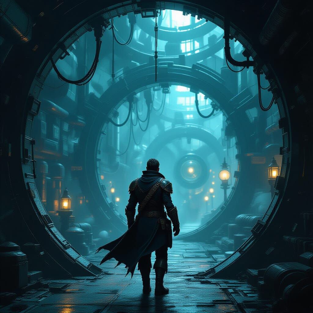 Adventurer Navigating a Mechanical Maze in Dystopian Style