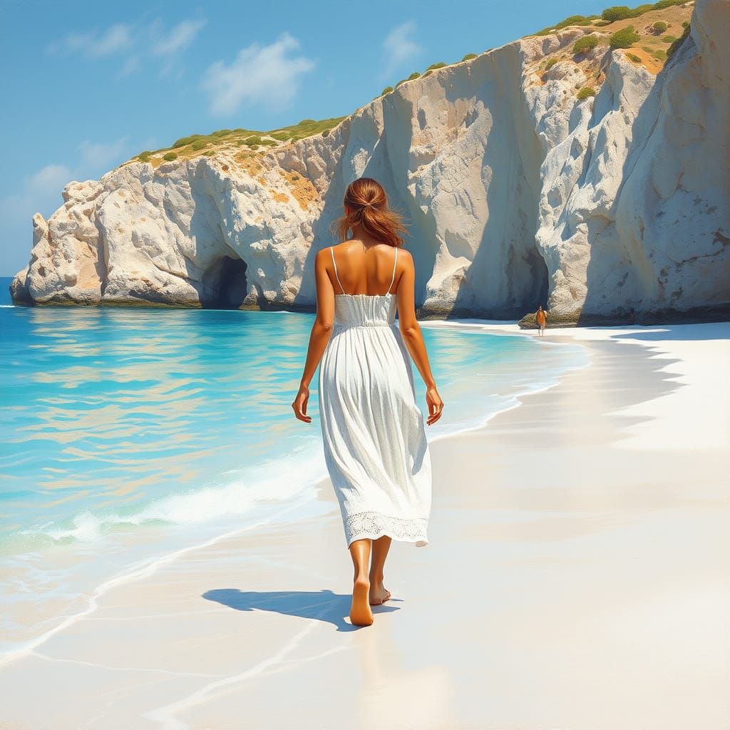 Woman on Aya Napa Beach in Impressionist Style