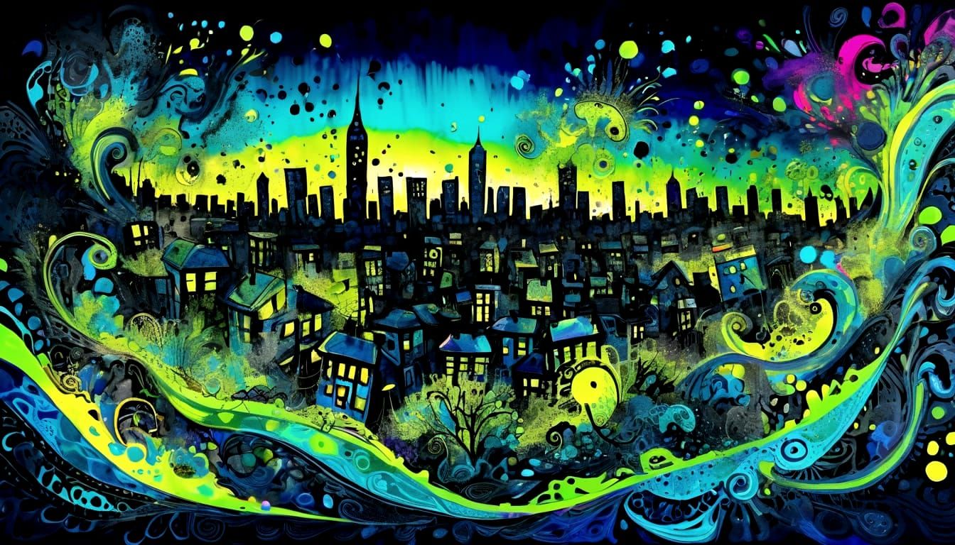 Psychedelic Ink Splash City Art in Zentangle Style