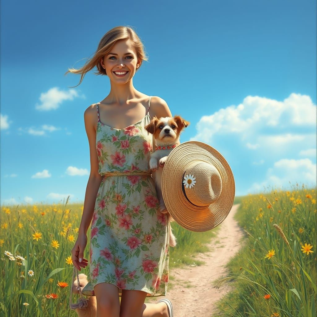 Woman Walking Through Summer Field: Hatton-Inspired Realism