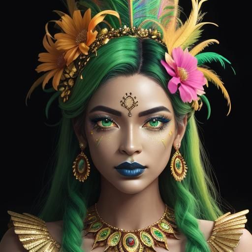 Metallic Woman with Peacock Feathers in Candy Art Style