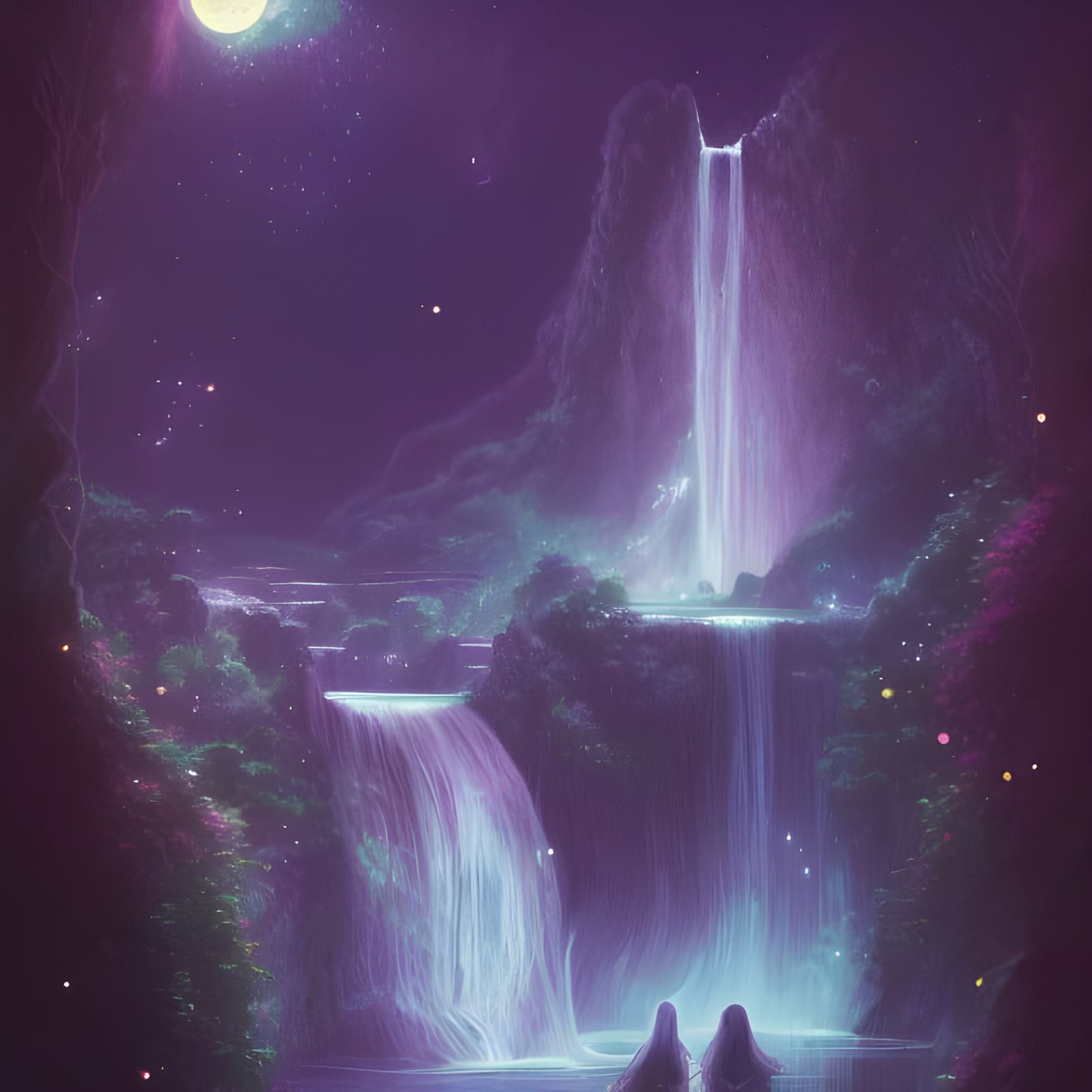Magical Waterfall at Night: Pastel Digital Illustration