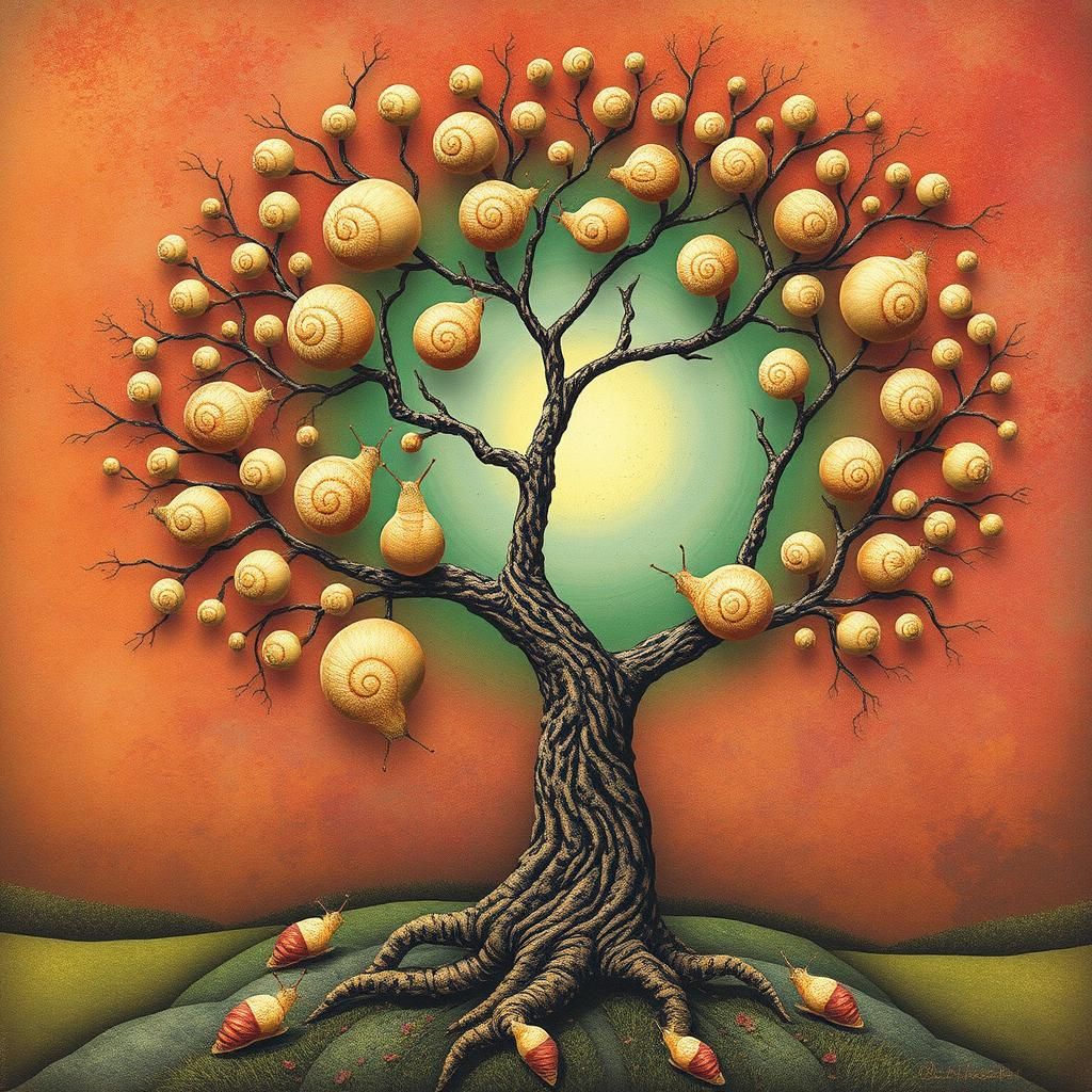 Surreal Snail Tree in Digital Collage Style