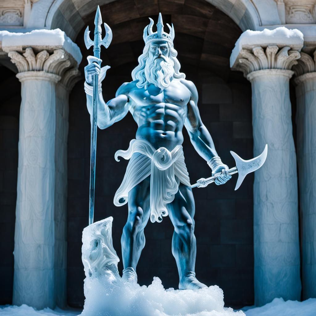 Icy Poseidon Sculpture Bathed in Natural Light