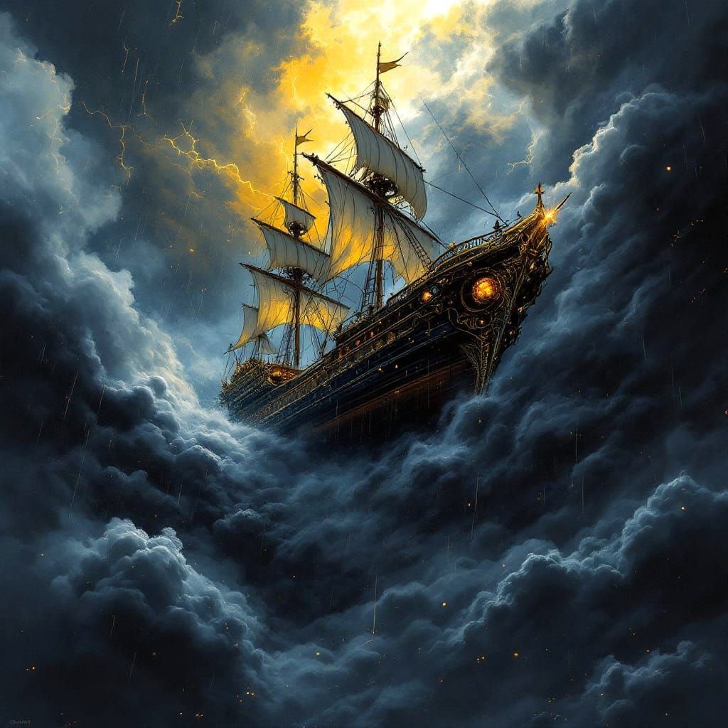 Steampunk Skyship Emerges in Ink Splatter Storm