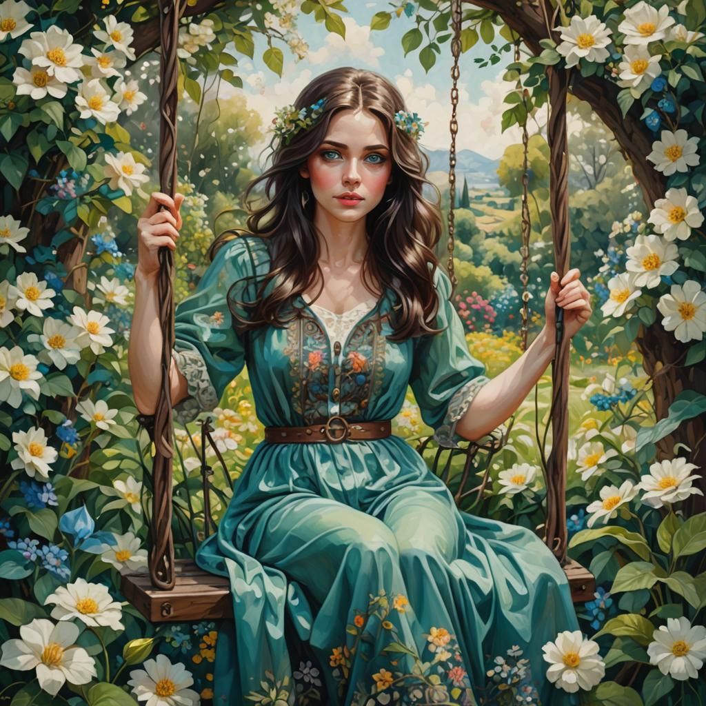 Beautiful Woman in Flower Garden, Oil Painting