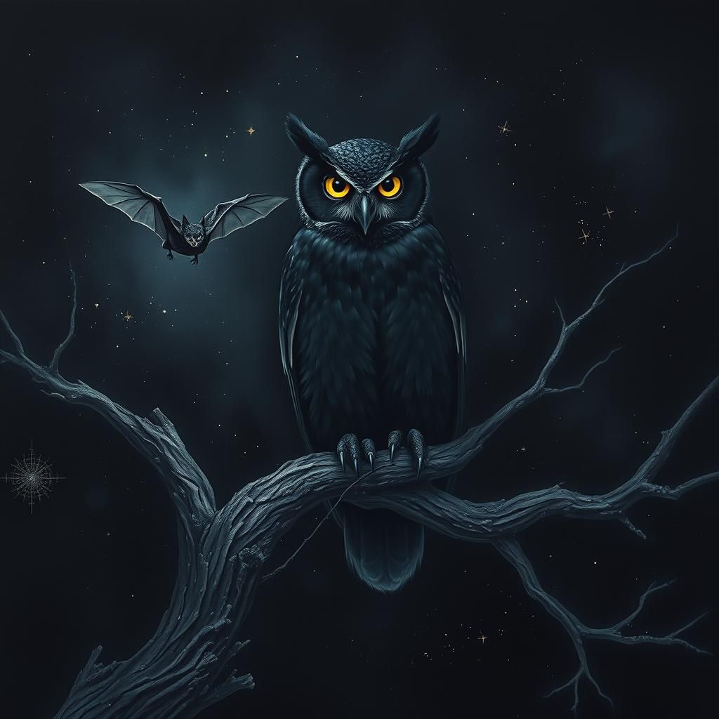 Black Owl and Bat in Ethereal Space