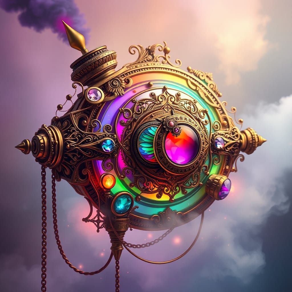 Ornate Rainbow Steampunk Gadget in Mystical Setting