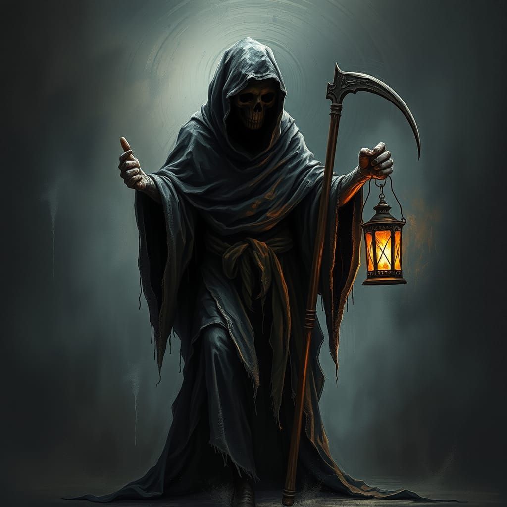 Brooding Grim Reaper in Dark Misty Landscape
