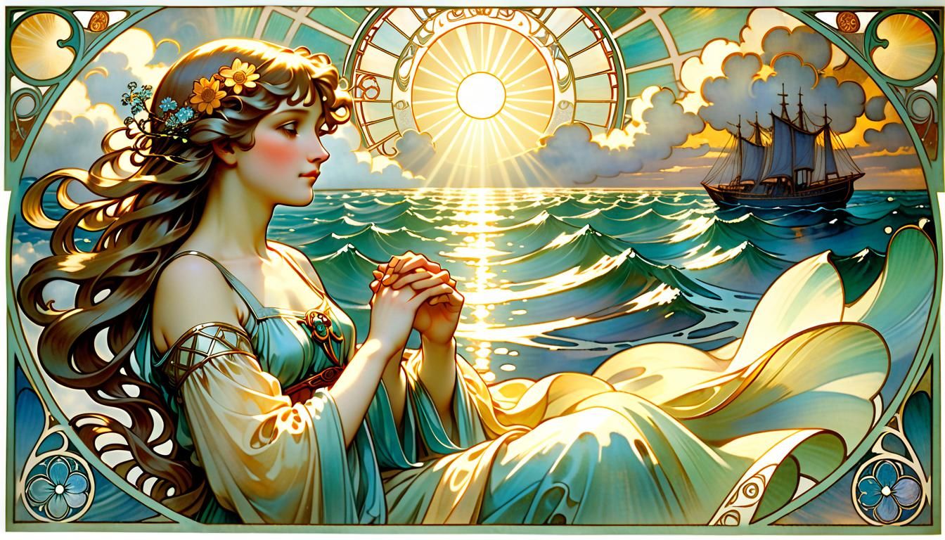 Divine Sunshine Through Clouds in Art Nouveau Style