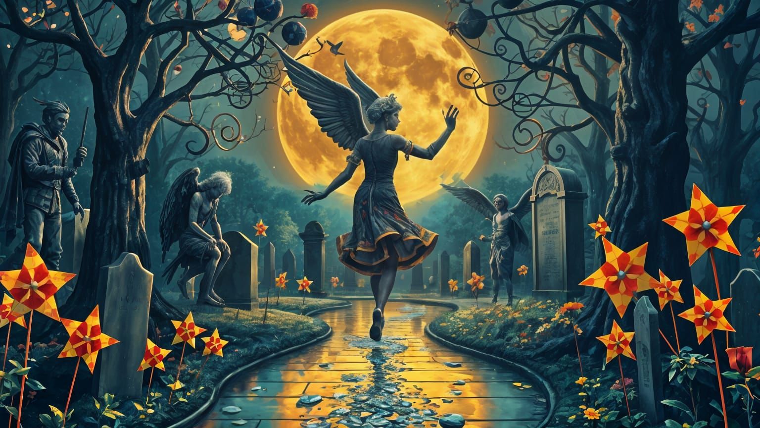 Afrofuturist Moonlight Dance in a Cemetery Garden