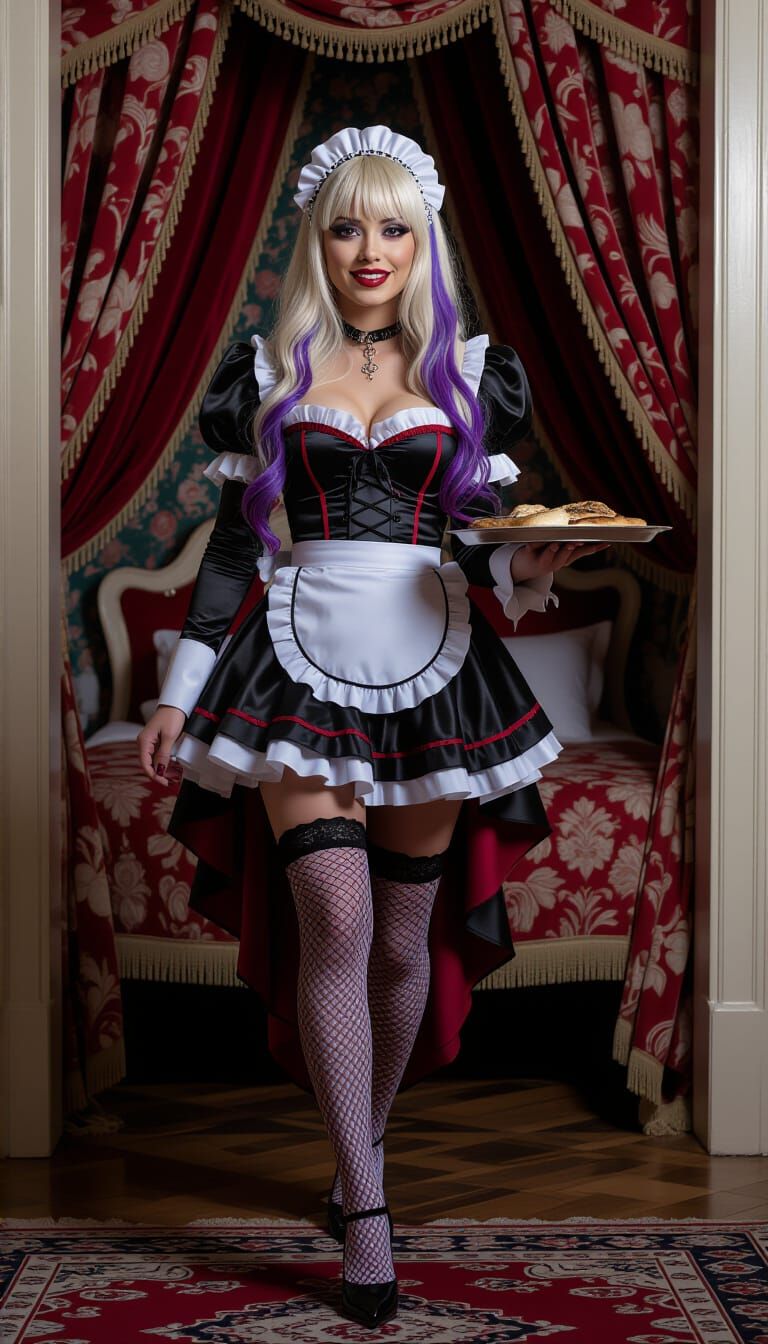 Gothic French Maid Serves Breakfast in Mansion