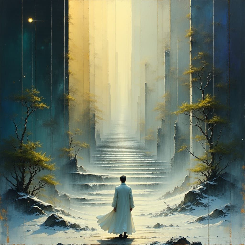 Man Faces Choice Between Heaven and Winter Staircase