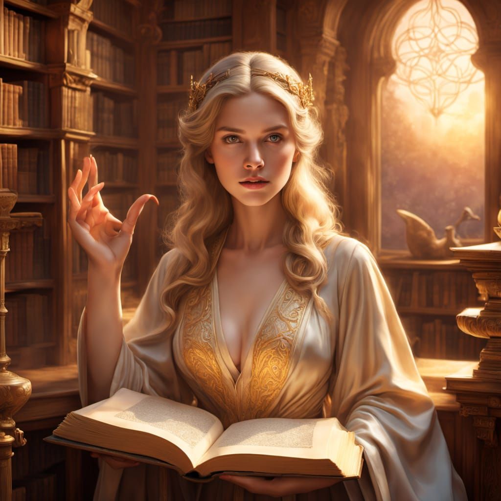 Wise Woman in Library, Art Nouveau Style