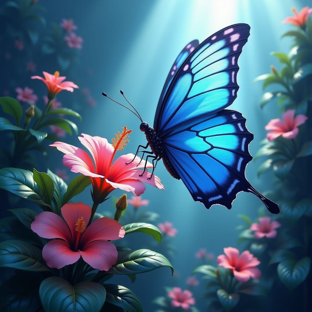 <lora:ScenicLightMist:1.0> blue butterfly sitting on a hibiscus flower