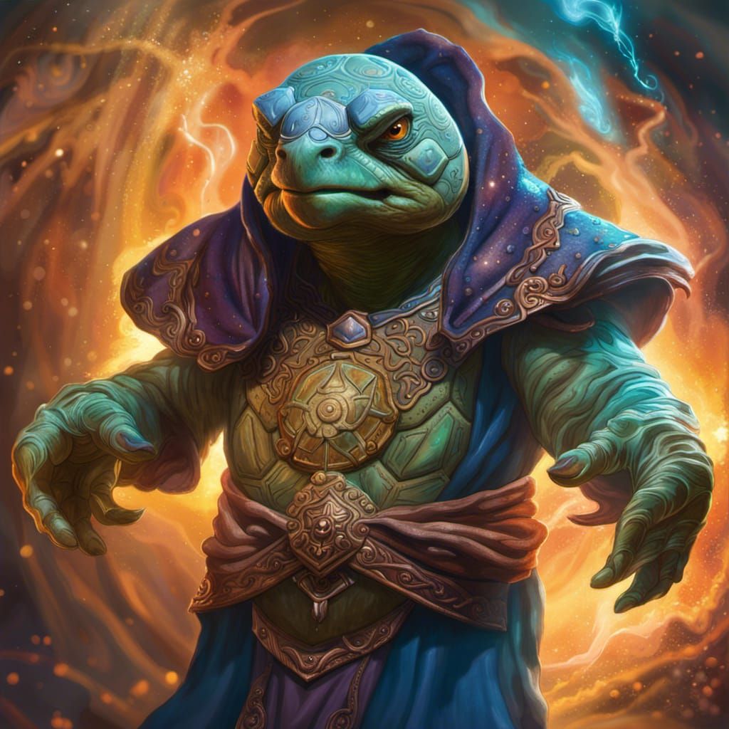 Detailed Tortle Sorcerer Warlock in Splash Art Style