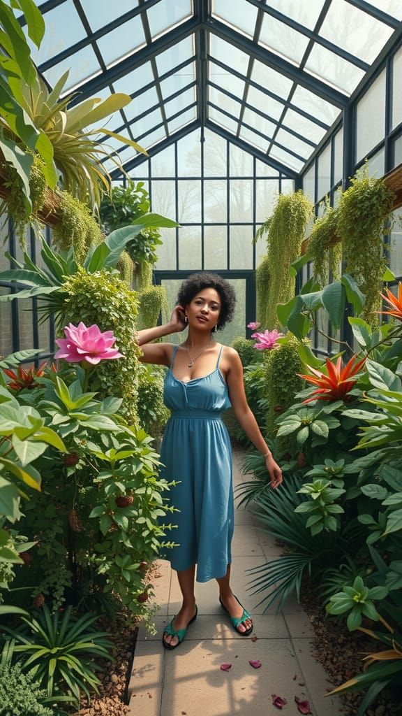 Photorealistic Portrait of Woman in Sunlit Conservatory