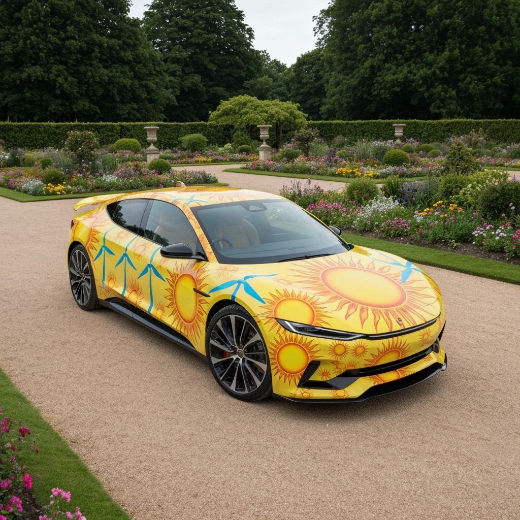 Electric car painted with a design of suns and wind turbines...