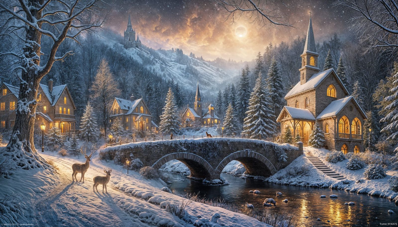 Dreamy Snowy Night Scene in Kinkade Style