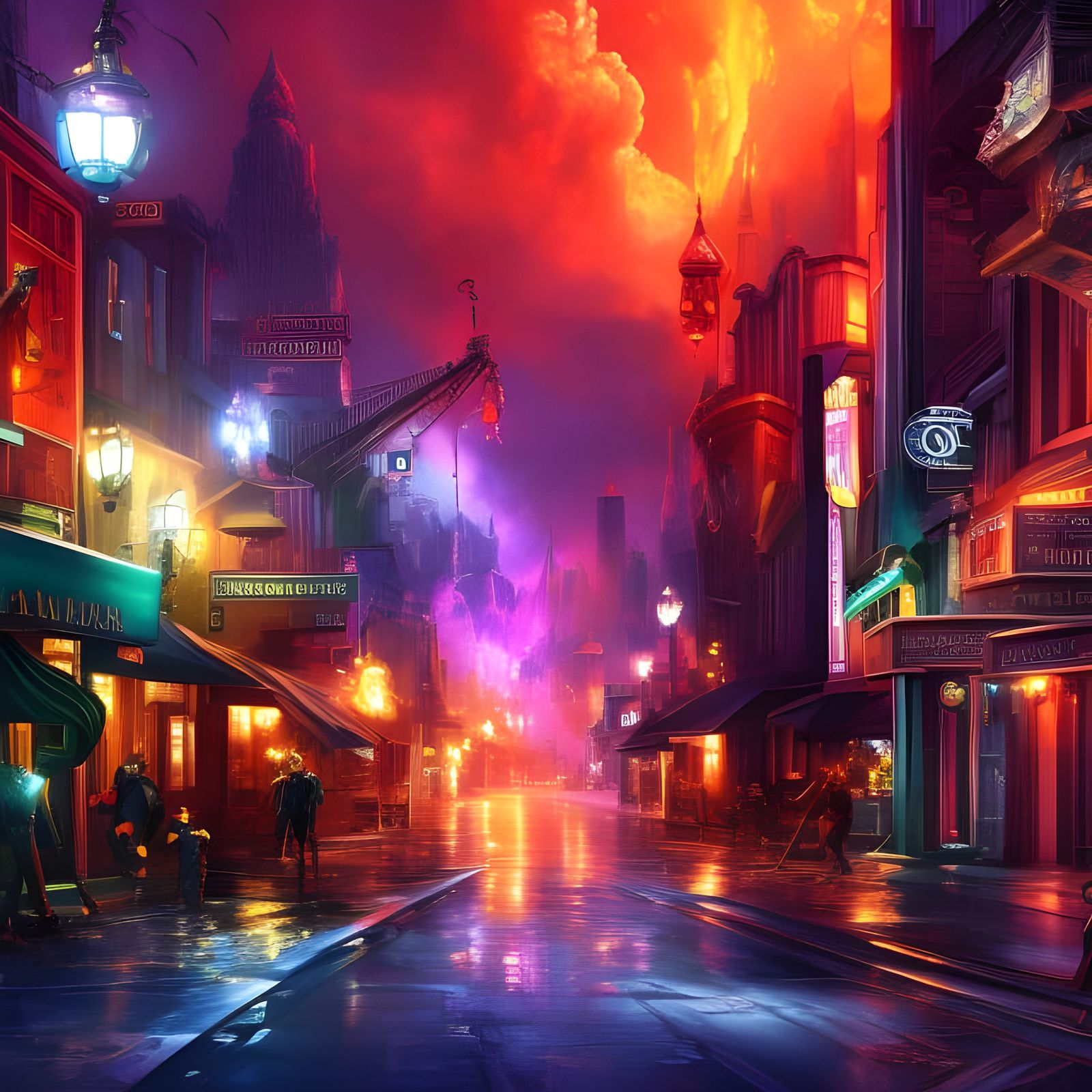 City Street Under Red Clouds: Fantasy Concept Art