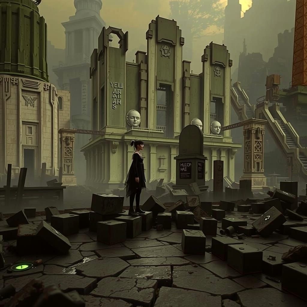 Goth Model in Ruined Cyberpunk City Surrealist Landscape