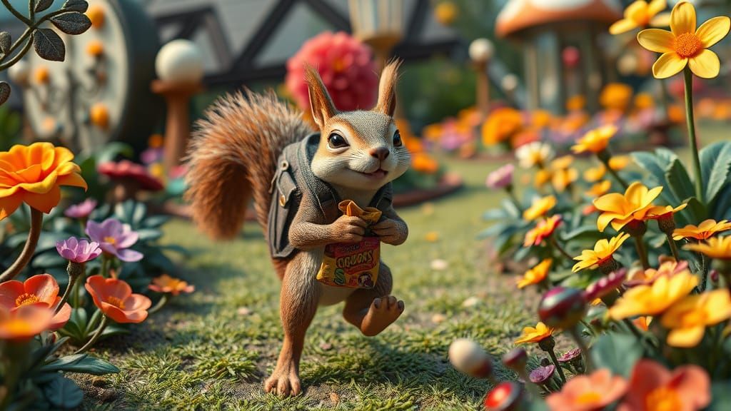 Squirrel's Surreal Garden Chase in Stop-Motion Style