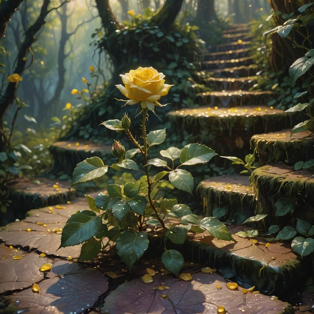Glowing Yellow Rose in Mystical Forest: Oil Painting
