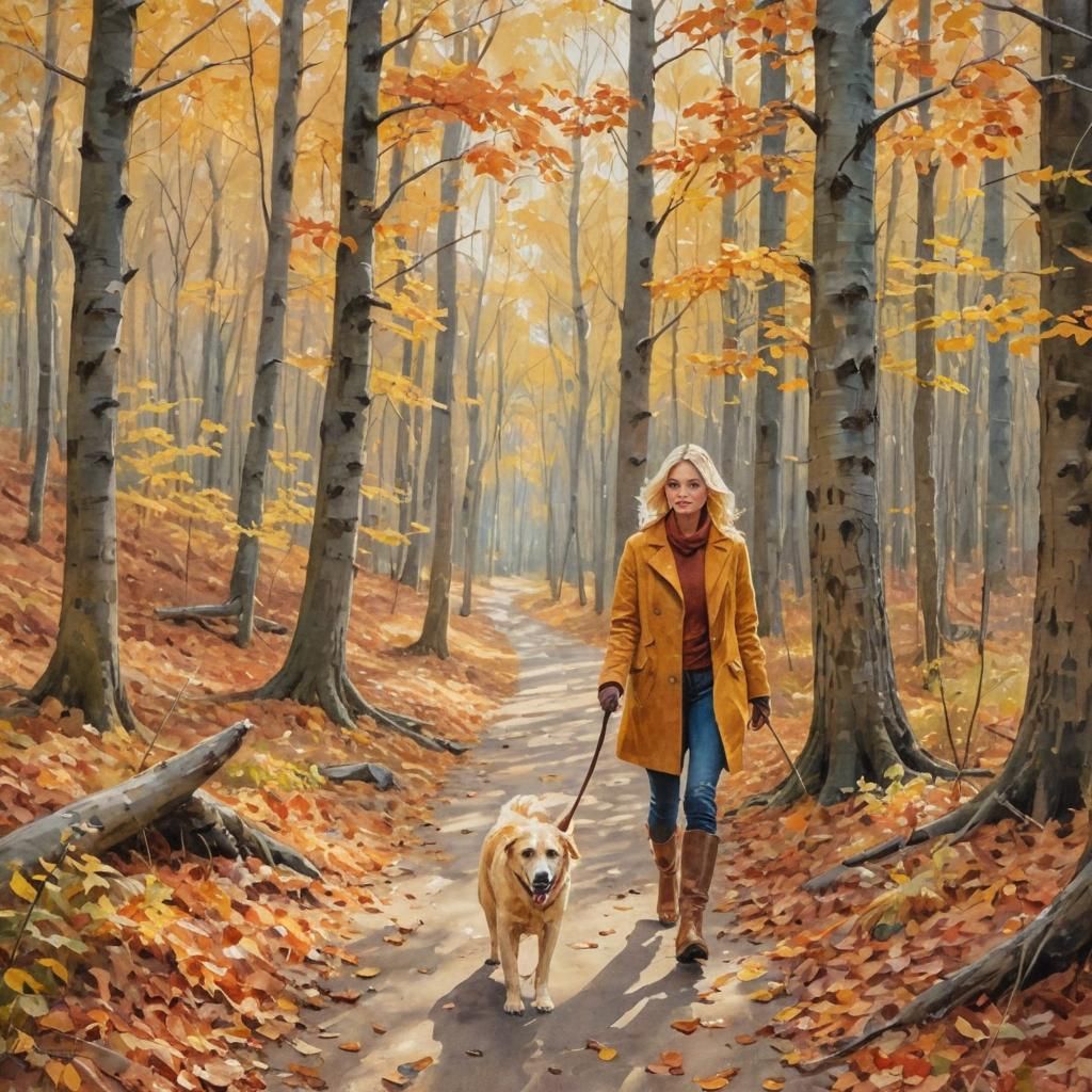 Autumnal Impressionist Painting of Woman Walking Dog