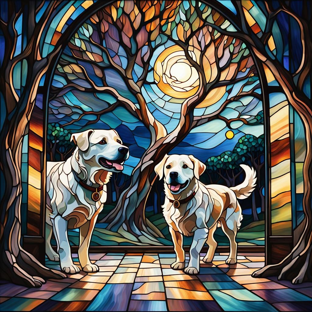 Whimsical Dogs Under Stained Glass in Art Nouveau