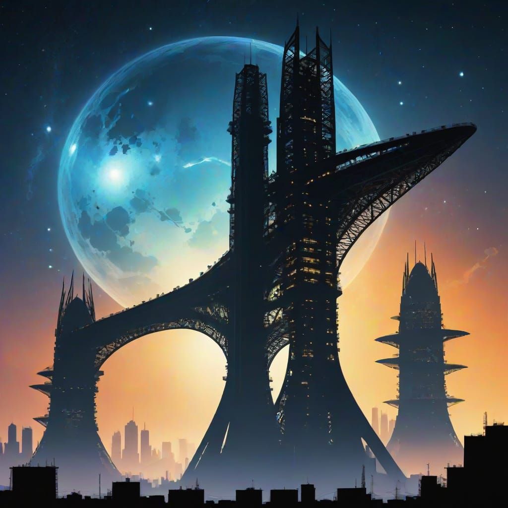 Gigantic urban megastructure cosmic silhouette