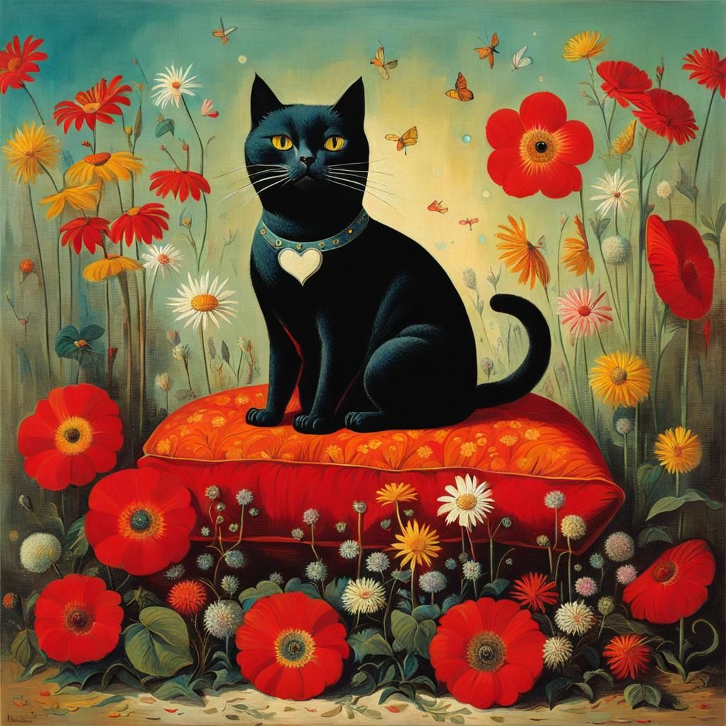 Surreal Cat Surrounded by Flowers