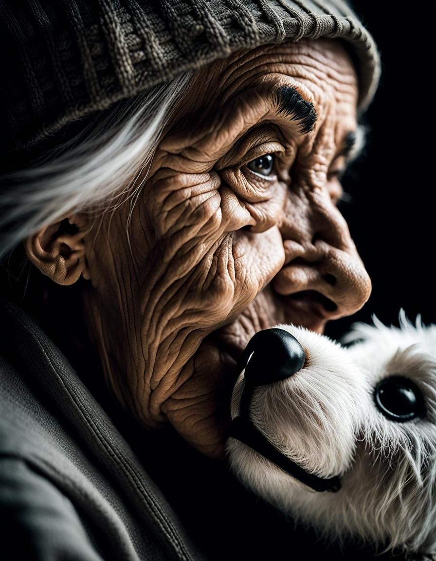 Thoughtful Old Woman Hugging Teddy Bear
