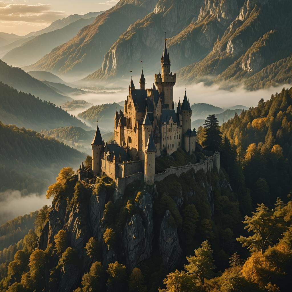 Majestic Castle Amidst Golden Landscape: Cinematic Still