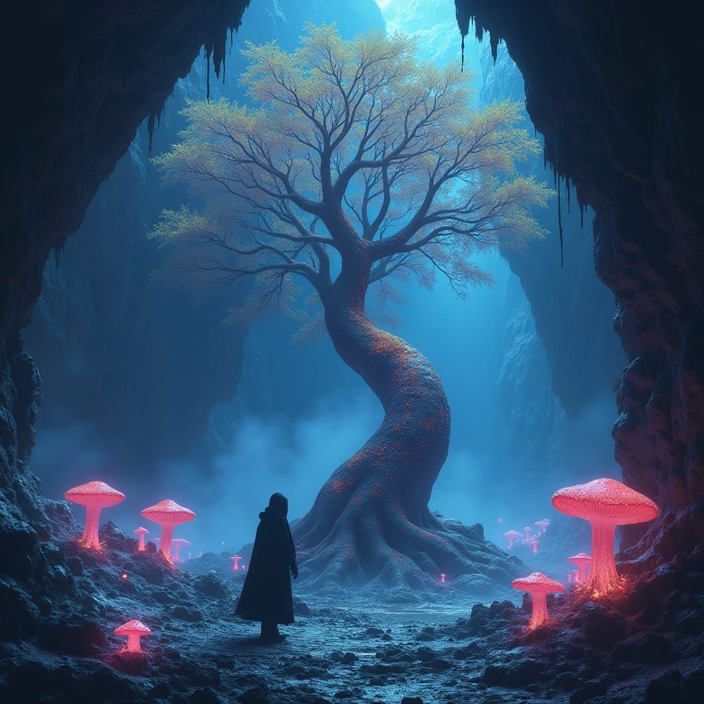 Lone Figure in Bioluminescent Crystal Cave