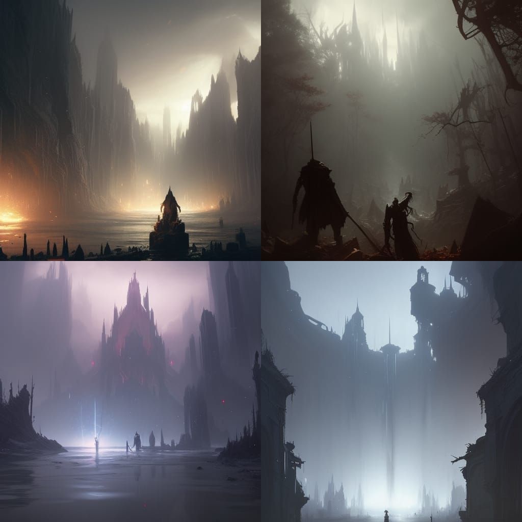 Dark Fantasy Landscape in Purple and Yellow: Hyperdetailed A...