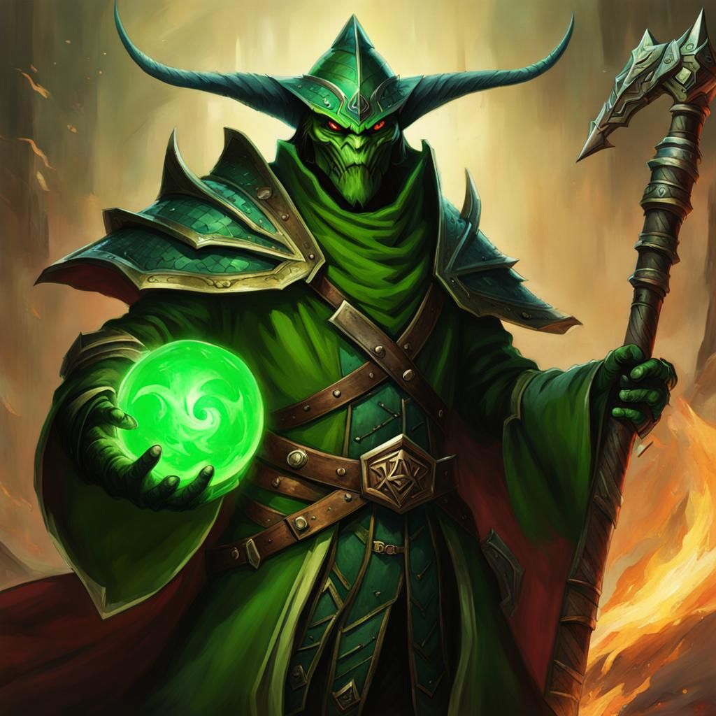Evil Green Dragonborn Warlock of the Dark Arts