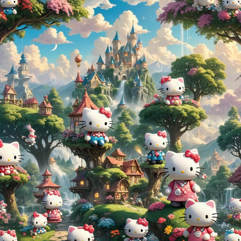 Hello Kitty Whimsical Illustration in Kinkade Style