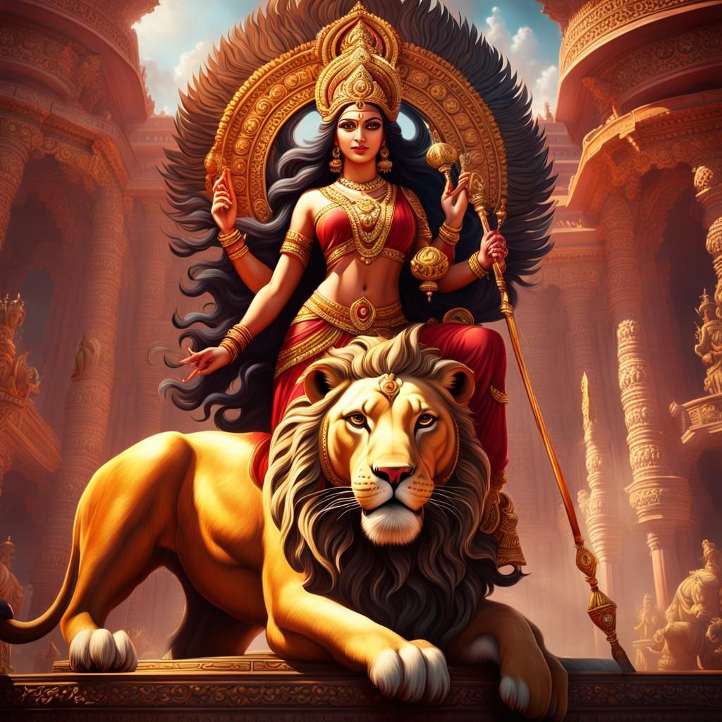 Goddess Durga and Lion: Fantasy Concept Art